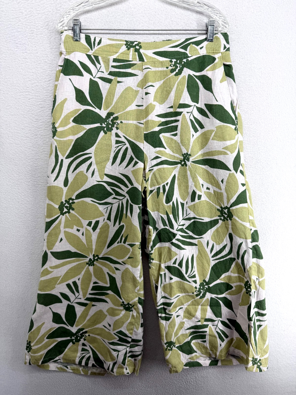 NICOLE MILLER Pants L 100% Linen Floral Wide Leg Cropped Elastic Waist Green